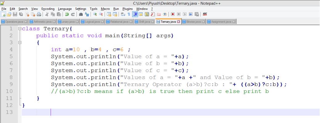 This image describes a sample program of ternary operators in java.